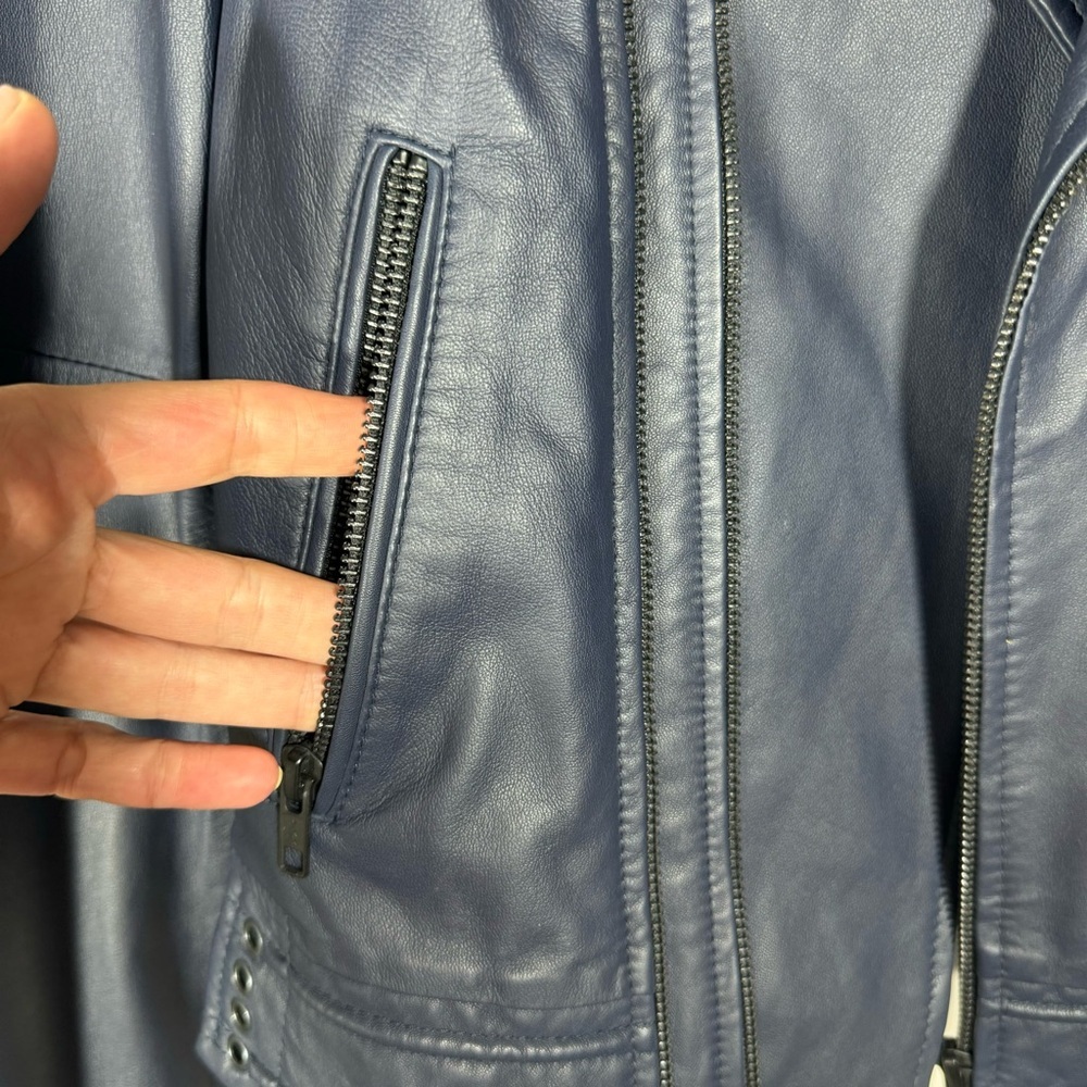 JOIE Caldine Moto Jacket Navy Blue Leather Zip Up Collared Women’s Size Medium - Picture 10 of 16